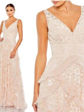 MAC DUGGAL Sequined Scallop Ruffle Tiered V Neck Gown In Blush